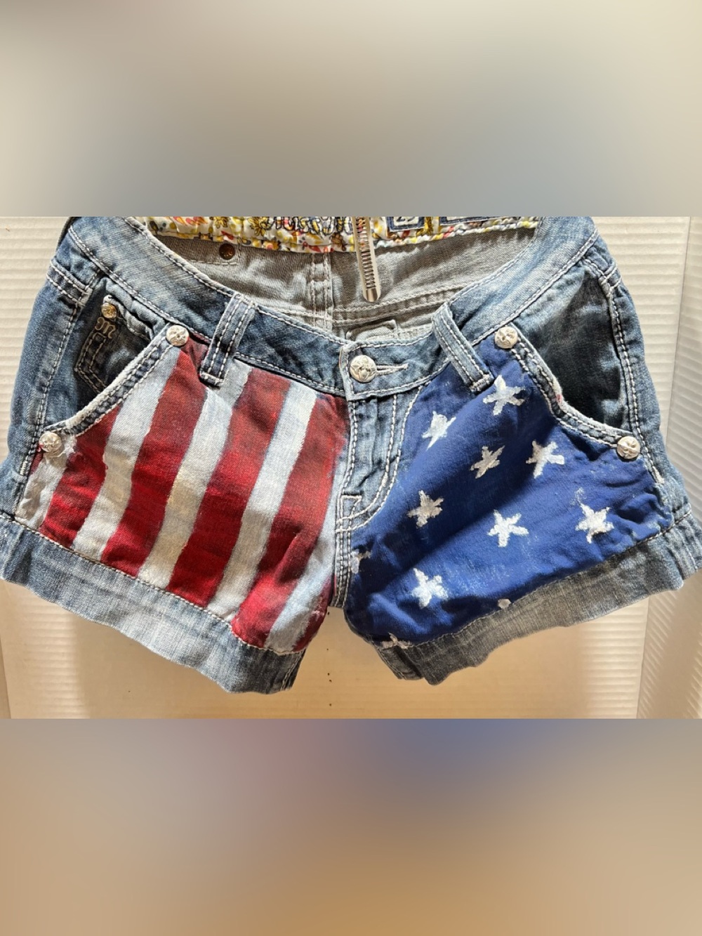 Miss Me Fun Patriotic Red & Blue American Flag Painted Denim Shorts JS4481H6- 25